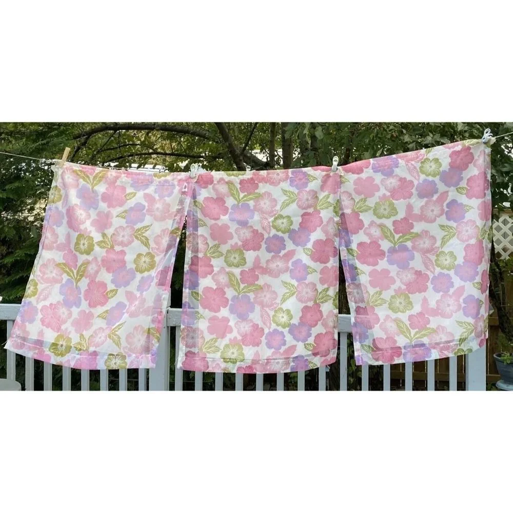 Mod Floral Sheer Curtain Panels Vintage set of 3 Pink Purple Tropical Cafe